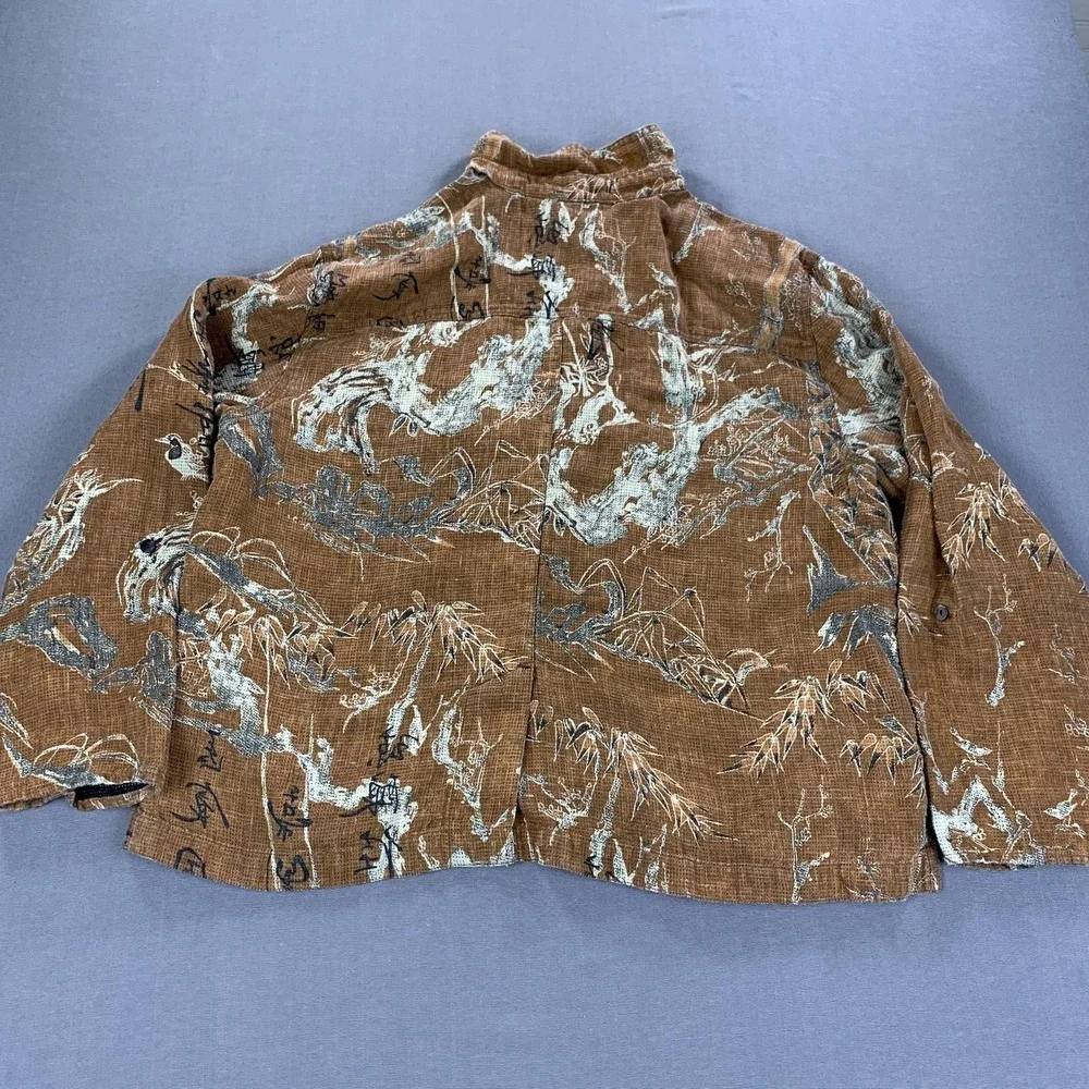 Chicos Design Shirt Womens Sz 3 / XXL Brown Linen Asian Print Button Front Top - Picture 4 of 13